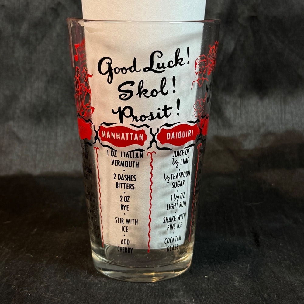 Vintage Federal Glass Cocktail Recipe Mixing Glass Red Black Mid Century 12oz